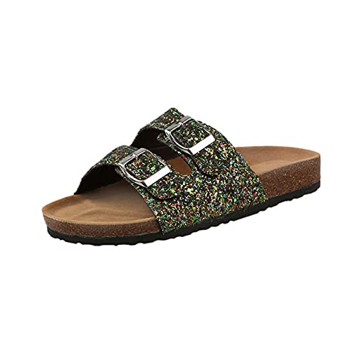 Yikoly Damen Herren Pantolette Bequeme Hausschuhe mit Kork-Fußbett Suede Glitzer Strass Sommer Sandalen Hausschuhe Sommer Indoor/Outdoor rutschfest (Grün, Numeric_36) von Yikoly