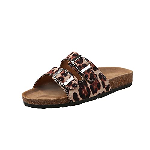 Yikoly Damen Herren Pantolette Bequeme Hausschuhe mit Kork-Fußbett Suede Glitzer Strass Sommer Sandalen Hausschuhe Sommer Indoor/Outdoor rutschfest (Leopard, Numeric_36) von Yikoly