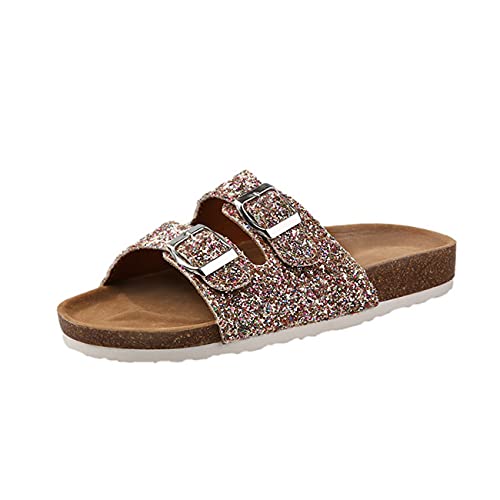 Yikoly Damen Herren Pantolette Bequeme Hausschuhe mit Kork-Fußbett Suede Glitzer Strass Sommer Sandalen Hausschuhe Sommer Indoor/Outdoor rutschfest (Pink, Numeric_43) von Yikoly