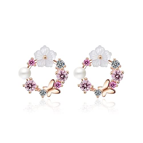 Yikoly Damen Mädchen Ohrringe Silber 925 Pink Blumen Zirkonia Rose Gold Runde Schmetterling Perle Ohrstecker Süß Schmuck Studs Hypoallergen von Yikoly