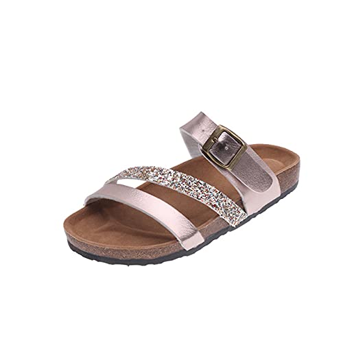 Yikoly Damen Pantolette Bequeme Hausschuhe mit Kork-Fußbett Suede Glitzer Sommer Sandalen Frauen Indoor/Outdoor rutschfest Hausschuhe (Rose Golden, Numeric_39) von Yikoly