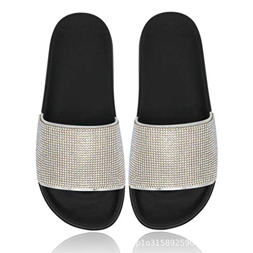 Yikoly Damen Pantoletten Glitzer Strass Sommer Frauen Strand Sandalen Flip Flops Bling Beuqem Indoor/Outdoor Hausschuhe (Schwarz, Numeric_39) von Yikoly
