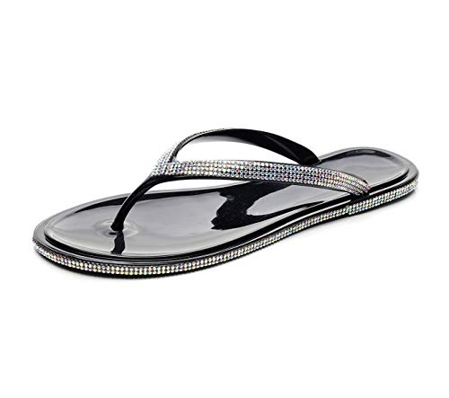 Yikoly Damen Pantoletten Sommer Frauen Glitzer Strass Flach Strand Sandalen Slipper,Flip Flops Bling rutschfest Beuqem Indoor/Outdoor Hausschuhe (Schwarz, Numeric_38) von Yikoly