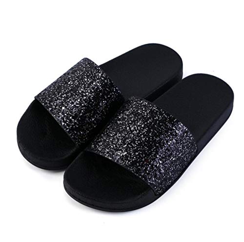 Yikoly Damen Sommer Pantoletten Frauen mode Glitzer Pailletten Flip Flops Rutschfest Strand Sandalen Beuqem Flache Zehentrenner Badelatschen Slipper (Schwarz, numeric_39) von Yikoly