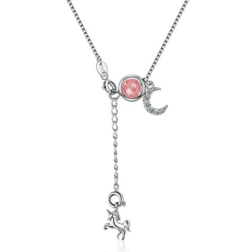Yikoly Damen mädchen Halskette silber 925 mit anhänger Pferd Mond mit Pink Kristall Kurz Halsreife Einfache Y-Ketten für Frauen/Freundin/Tochter (Pink) von Yikoly