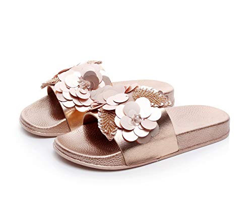 Yikoly Hasschuhe Damen Sommer Pailletten Bling Blumen Pantoletten, Slipper Sommer mode Rutschfest Strand Flache Flip Flop Beuqem Frauen Badelatschen 36-41 EU (Golden, numeric_39) von Yikoly