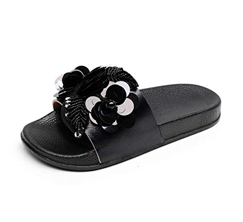 Yikoly Hasschuhe Damen Sommer Pailletten Bling Blumen Pantoletten, Slipper Sommer mode Rutschfest Strand Flache Flip Flop Beuqem Frauen Badelatschen 36-41 EU (Schwarz, numeric_40) von Yikoly