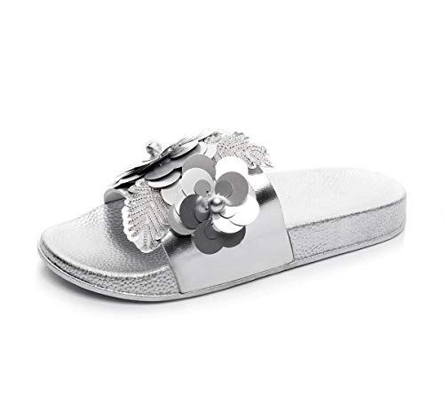 Yikoly Hasschuhe Damen Sommer Pailletten Bling Blumen Pantoletten, Slipper Sommer mode Rutschfest Strand Flache Flip Flop Beuqem Frauen Badelatschen 36-41 EU (Silber, numeric_39) von Yikoly