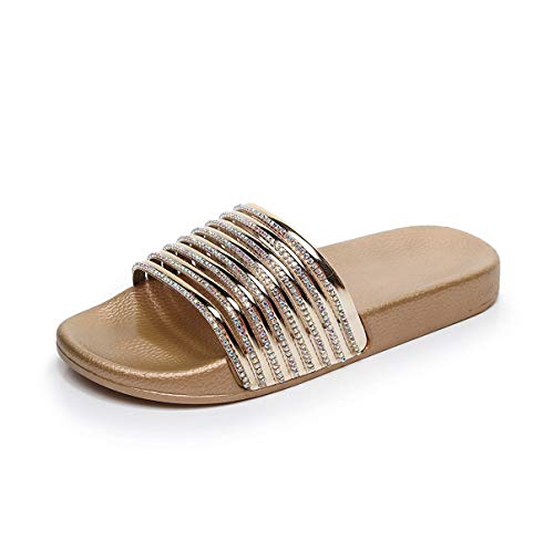 Yikoly Hasschuhe Damen Sommer Pailletten Bling pantoletten damen sommer Slipper mode Rutschfest Strand Flache Flip Flop Beuqem Frauen Badelatschen 36-41 EU (Golden, numeric_40) von Yikoly
