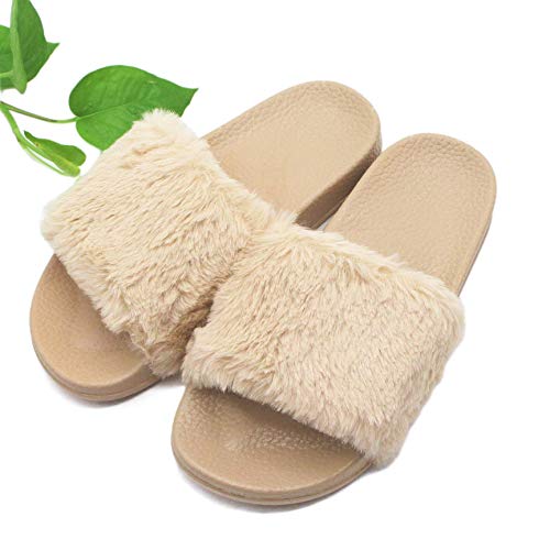 Yikoly Hasschuhe Damen Sommer Plüsch-Pantoletten, Slipper Frauen mode Rutschfest Strand Flache Flip Flop Beuqem Badelatschen 36-41 (Beige, numeric_41) von Yikoly