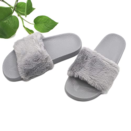 Yikoly Hasschuhe Damen Sommer Plüsch-Pantoletten, Slipper Frauen mode Rutschfest Strand Flache Flip Flop Beuqem Badelatschen 36-41 (Grau, numeric_39) von Yikoly