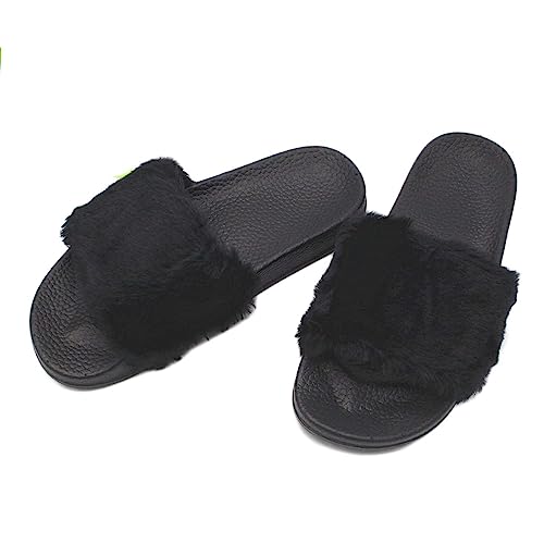 Yikoly Hasschuhe Damen Sommer Plüsch-Pantoletten, Slipper Frauen mode Rutschfest Strand Flache Flip Flop Beuqem Badelatschen 36-41 (Schwarz, numeric_41) von Yikoly