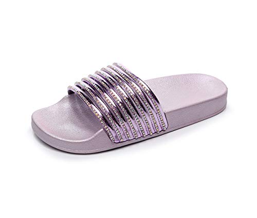 Yikoly Hausschuhe Damen Sommer Pantoletten Frauen Mode Glitzer Strass rutschfest Strand Sandalen Flip Flops Beuqem Flache Indoor/Outdoor Slipper (Golden, Numeric_40) (Lila, Numeric_39) von Yikoly