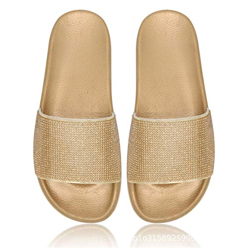 Yikoly Hausschuhe Damen Sommer Pantoletten Frauen mode Glitzer Flache Weich Glitzer Strass Slipper Rutschfest Beuqem Badelatschen Strand Sandalen In-Outdoor (Golden, numeric_41) von Yikoly