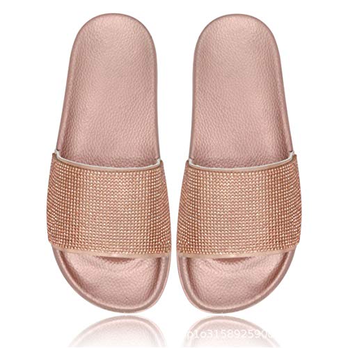 Yikoly Hausschuhe Damen Sommer Pantoletten Frauen mode Glitzer Flache Weich Glitzer Strass Slipper Rutschfest Beuqem Badelatschen Strand Sandalen In-Outdoor (Rosegold, numeric_38) von Yikoly