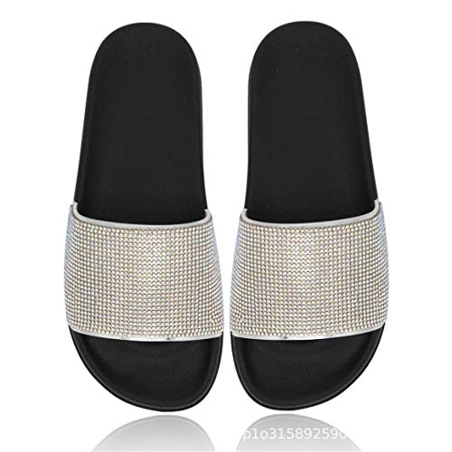 Yikoly Hausschuhe Damen Sommer Pantoletten Frauen mode Glitzer Flache Weich Glitzer Strass Slipper Rutschfest Beuqem Badelatschen Strand Sandalen In-Outdoor (Schwarz, numeric_38) von Yikoly