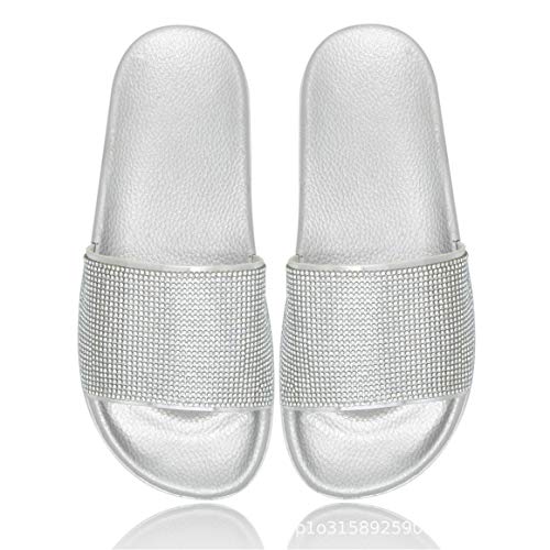 Yikoly Hausschuhe Damen Sommer Pantoletten Frauen mode Glitzer Flache Weich Glitzer Strass Slipper Rutschfest Beuqem Badelatschen Strand Sandalen In-Outdoor (Silber, numeric_36) von Yikoly