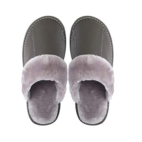 Yikoly Hausschuhe Herren Pantoffeln Männer Leder Wasserdicht Baumwolle Plüsch Gefüttert Wärme rutschfest Non-Slip-Indoor-Slipper Winter (Grau, 43) von Yikoly