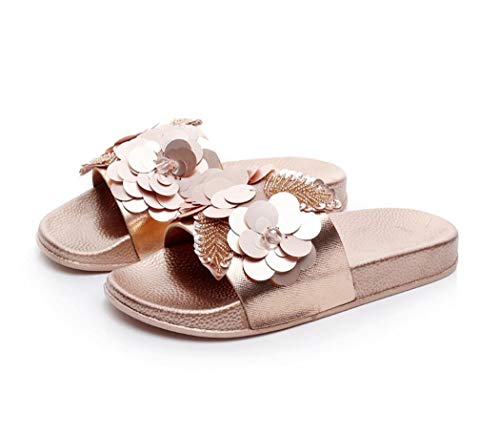 Yikoly Pantoletten Glitzer Pailletten Mode Flache rutschfest Sommer Frauen Plateau Strand Sandalen Hausschuhe Damen Sommer Indoor/Outdoor Süße Pantoletten Gr.36-41 (Rose Golden, Numeric_40) von Yikoly