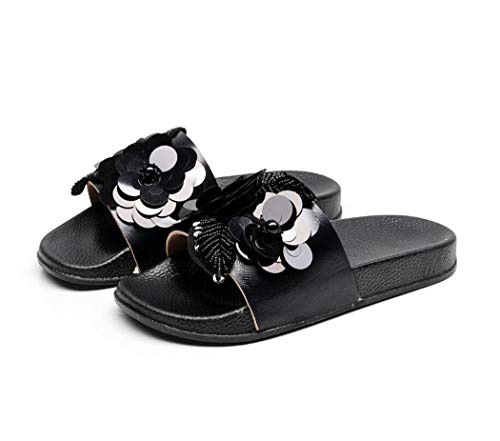 Yikoly Pantoletten Glitzer Pailletten Mode Flache rutschfest Sommer Frauen Plateau Strand Sandalen Hausschuhe Damen Sommer Indoor/Outdoor Süße Pantoletten Gr.36-41 (Schwarz, Numeric_37) von Yikoly