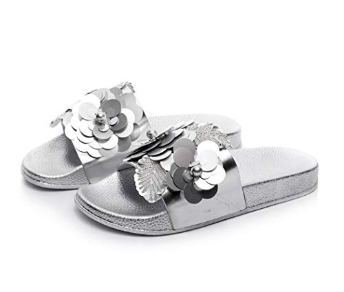 Yikoly Pantoletten Glitzer Pailletten Mode Flache rutschfest Sommer Frauen Plateau Strand Sandalen Hausschuhe Damen Sommer Indoor/Outdoor Süße Pantoletten Gr.36-41 (Silber, Numeric_40) von Yikoly