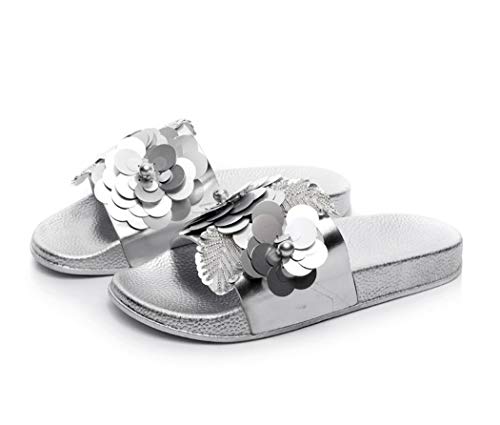 Yikoly Pantoletten Glitzer Pailletten Mode Flache rutschfest Sommer Frauen Plateau Strand Sandalen Hausschuhe Damen Sommer Indoor/Outdoor Süße Pantoletten Gr.36-41 (Silber, Numeric_41) von Yikoly