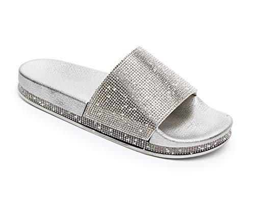 Yikoly Pantoletten Glitzer Strass Mode Flache rutschfest Sommer Strand Sandalen,Frauen Plateau Hausschuhe Damen Sommer Indoor/Outdoor Pantoletten Gr.36-41 (Silber, Numeric_39) von Yikoly
