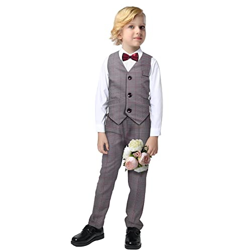 Jungen Anzug Set Kleinkind Gentleman Jungen Kleidung Set 100% Baumwolle Langarm Hemd + Hose + Weste + Fliege Smoking Plaid Gentleman Formelles Outfit Set (Rotes Plaid, 120) von Yilaku