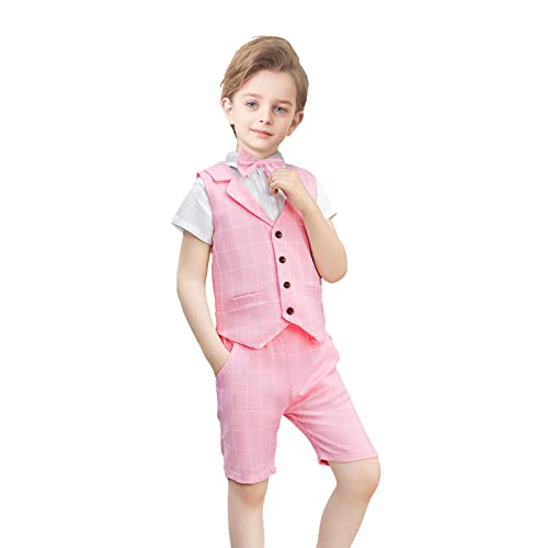 Jungen Erster Geburtstag Outfit Set Shirt Shorts Weste Fliege Kleidung Set Kinder Classic Fit Smoking Set Hochzeitsanzug Set (Rosa,130) von Yilaku