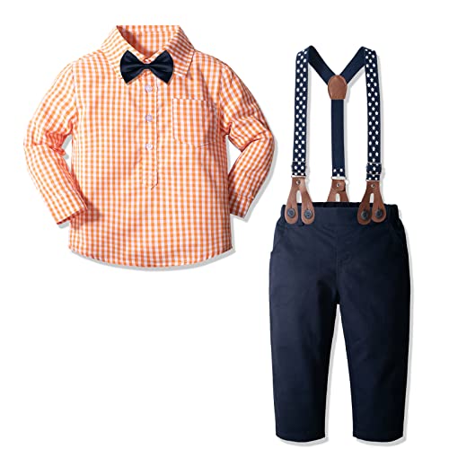 Yilaku Baby Junge Anzug Kleidungs Sets,Kleinkind Fliege Hemd Abnehmbare Hosenträgerhose 4-teilige Outfits für Kinder,Orange,2-3 Jahre von Yilaku