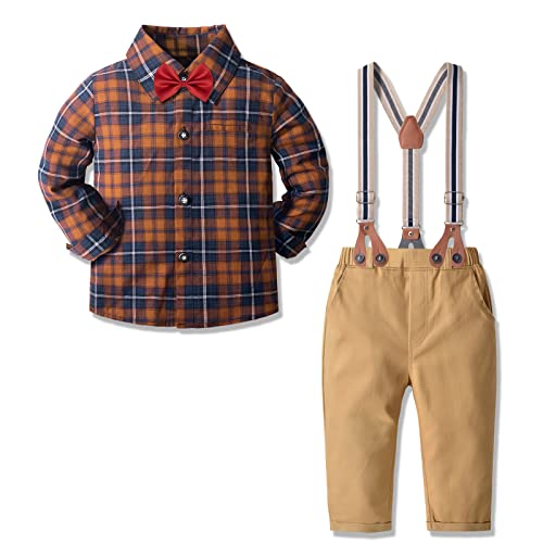 Yilaku Kinder Anzug Jungen Bekleidungssets Langarm Hemd +gentleman Hose mit Hosenträger + Fliege Krawatte Gentleman Taufe Hochzeit für Weihnachten（Braun beige，4-5 Jahre）,120 von Yilaku