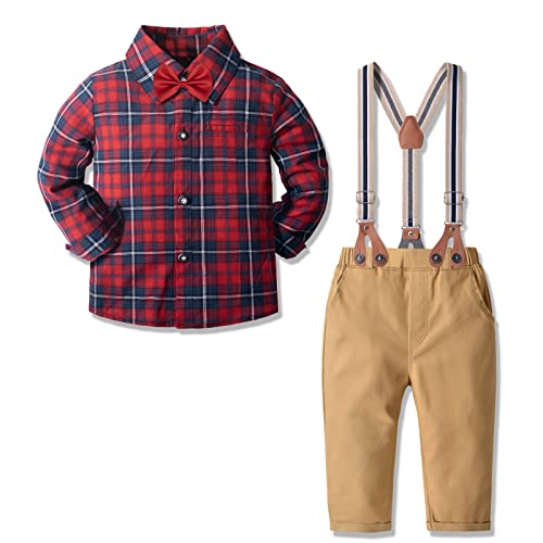 Yilaku Baby Jungen 4-teiliges Strampler Smoking Gentleman Anzug Kurzarm kariertes Outfits Herbst Kleidung Jumpsuit Spielanzug Taufkleidung mit Fliege（Rot beige，2-3 Jahre） von Yilaku