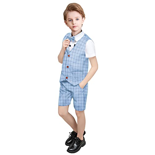 Yilaku Baby Jungen Kleidung Set Jungen Gentleman Outfits Anzüge 100% Baumwolle Kurzarm Hemd + Weste + Fliege + Karierte Shorts 4 Stück Sommer kleidung Set (Blau, 100) von Yilaku