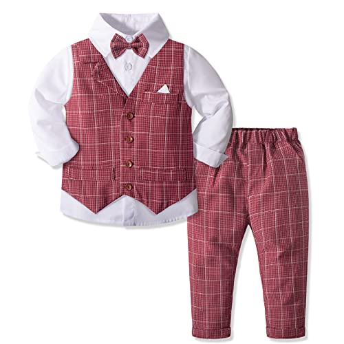 Yilaku Junge Weste Karierter Anzug, Lange Hemd Fliege Hose Sets 4 Stück formelle Outfits, Kinder kleidungssets 3-8 Jahre Roter Scheck von Yilaku