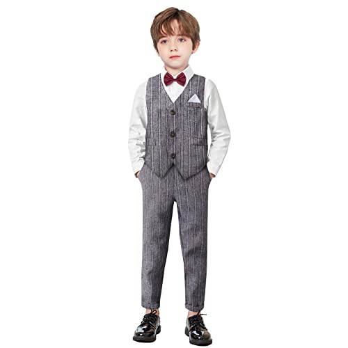 Yilaku Junge Weste Streifenanzug Kinder Kleinkind Ringträger Outfit Gentleman Hemd Kleidung Sets 3-7 Jahre,Grau von Yilaku