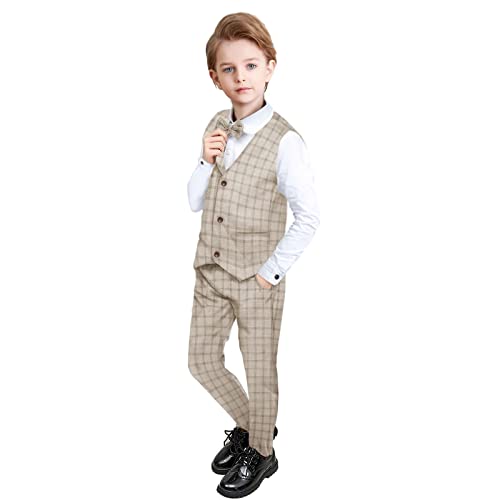 Yilaku Jungen Anzug Set Hemd Weste Hosen Kleidung Set Kleinkind Jungen Hochzeits Anzug 4 Stück Herbst Winter Uniform Outfit Kleidung (Khaki, 120) von Yilaku