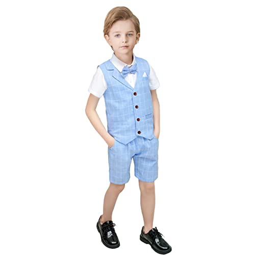 Yilaku Jungen Geburtstag Outfits Set Jungen 4-teiliges Kleidungsset Weste + Hemd + Fliege + Kurze Hose Anzug Kinder Jungen (Himmelblau,130) von Yilaku