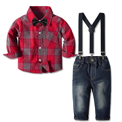 Yilaku Jungen Kleidung Sets Langarm Kariertes Hemd + Fliege + Hosenträger + Hose 4 Stück Kleiner Jungen Hochzeit Outfits Geburtstag Outfit （Rot ， 5-6 Jahre） von Yilaku