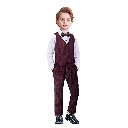 Yilaku Jungen Smoking Jungen Anzug,Page Boy Anzüge Jungen Hochzeit Passt Kinder Jungen 100% Baumwolle Langarm Hemd mit Fliege + Weste + Elegante Hose 4 Stück Formelle Anzüge Kleidung (Rot, 130) von Yilaku