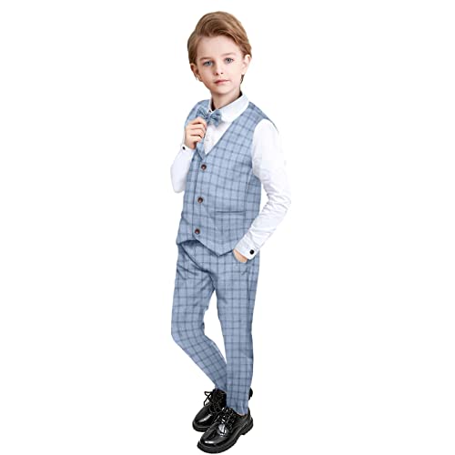 Yilaku Kinder Jungen Anzug Set Langarm Hemd mit Fliege + Weste + Hose 4 Stück Gentleman Outfits Kleidung Sets (Blau, 110) von Yilaku