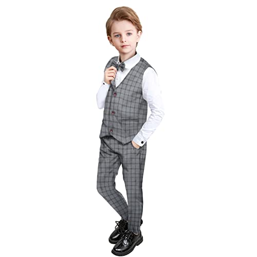 Yilaku Kleinkind Baby Jungen Anzug Set Fliege + Gentleman Weste + Hemd + Hose Party Kleidung Set Baby Jungen Formelle Party Outfit Sets (Dunkelgrau, 120) von Yilaku