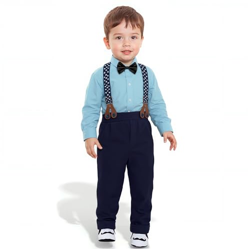 Yilaku Baby Boys' Kleidung Kinder Anzug Säugling Hose und Shirt Set + Hosenträger Fliege 4Pcs Taufe Outfits für Kleinkinder, Himmel blau, 12-18Monate von Yilaku