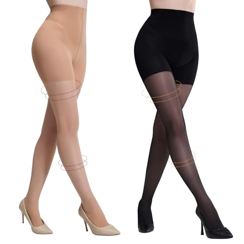 Yilanmy 2 Paar Kompressionsstrumpfhose Damen 10-15mmHg, Shape Stützstrumpfhose Semi Blickdicht Feinstrumpfhose 30 DEN(Schwarz+Hautfarben,XL) von Yilanmy