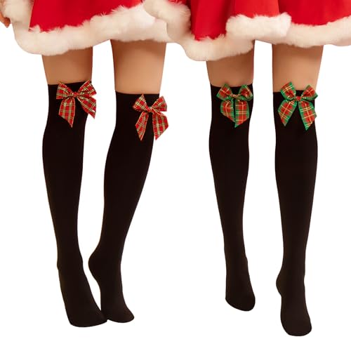 Yilanmy 2 Paar Weihnachten Overknees Strümpfe Damen Gestreifte Kniestrümpfe Kniehohe Lange Socken Thigh High Socks für Weihnachten Cosplay(Schwarz+Bogen) von Yilanmy