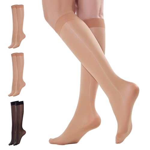 Yilanmy 3 Paar Damen Kniestrümpfe Glänzend 40D halb Blickdicht Fein-kniestrümpfe Breiter Komfortbund Hautfarben und Schwarz von Yilanmy