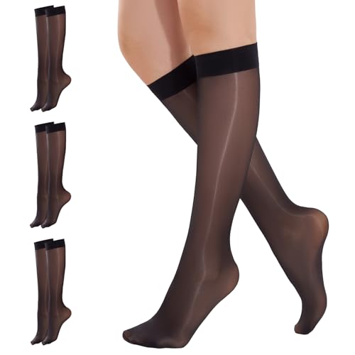 Yilanmy 3 Paar Damen Kniestrümpfe Glänzend 40D halb Blickdicht Fein-kniestrümpfe Breiter Komfortbund Hautfarben und Schwarz von Yilanmy