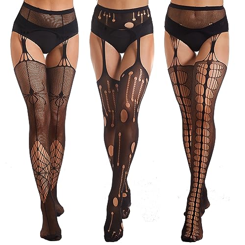 Yilanmy 3 Paar Halloween Strapstrumpfhosen Schwarz Damen Muster Netzstrumpfhose Hohe Taille Fischnetz Strümpfe Spinnennetz Totenkopf Netzstrümpfe für Damen (Strapsstrumpfhose-Spinne+Loch+Skeleton) von Yilanmy