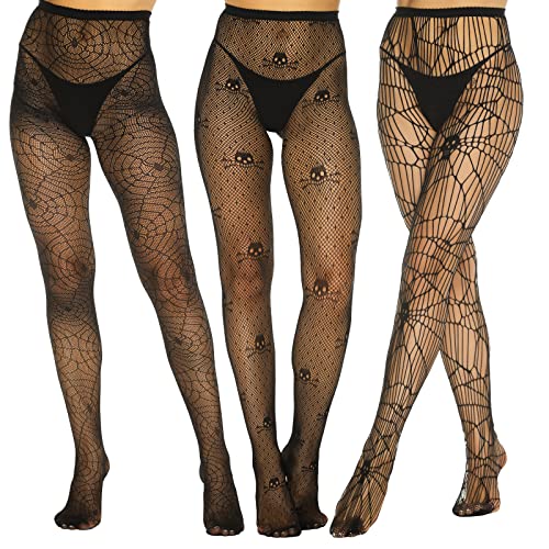 Yilanmy 3 Paar Halloween Strumpfhosen Schwarz Damen Muster Netzstrumpfhose Hohe Taille Fischnetz Strümpfe Spinnennetz Totenkopf Netzstrümpfe für Damen (Schädel+Spinnennetz+Schädel) von Yilanmy