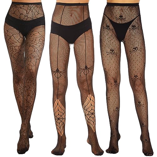 Yilanmy 3 Paar Halloween Strumpfhosen Schwarz Damen Muster Netzstrumpfhose Hohe Taille Fischnetz Strümpfe Spinnennetz Totenkopf Netzstrümpfe für Damen (Spinnennetz+Spinne+Schädel) von Yilanmy