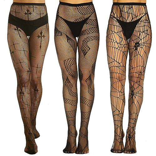 Yilanmy 3 Paar Halloween Strumpfhosen Schwarz Damen Muster Netzstrumpfhose Hohe Taille Fischnetz Strümpfe Totenkopf Netzstrümpfe für Damen (Schlange+Kreuz+Schädel) von Yilanmy